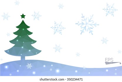 Blue, green postcard low polygon style christmas tree vector illustration consisting of triangles. Abstract polygonal origami or crystal design of New Years celebration. Isolated on white background.