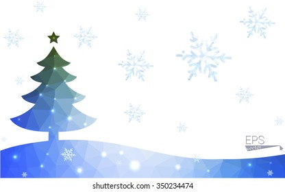 Blue, green postcard low polygon style christmas tree vector illustration consisting of triangles. Abstract polygonal origami or crystal design of New Years celebration. Isolated on white background.