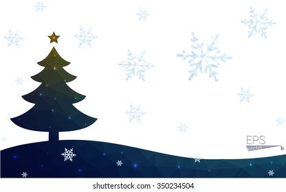 Blue, green postcard low polygon style christmas tree vector illustration consisting of triangles. Abstract polygonal origami or crystal design of New Years celebration. Isolated on white background.