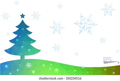 Blue, green postcard low polygon style christmas tree vector illustration consisting of triangles. Abstract polygonal origami or crystal design of New Years celebration. Isolated on white background.