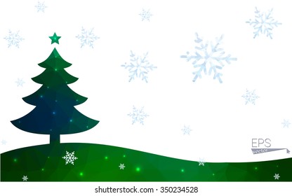 Blue, green postcard low polygon style christmas tree vector illustration consisting of triangles. Abstract polygonal origami or crystal design of New Years celebration. Isolated on white background.