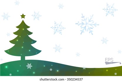 Blue, green postcard low polygon style christmas tree vector illustration consisting of triangles. Abstract polygonal origami or crystal design of New Years celebration. Isolated on white background.