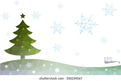 Blue, green postcard low polygon style christmas tree vector illustration consisting of triangles. Abstract polygonal origami or crystal design of New Years celebration. Isolated on white background.