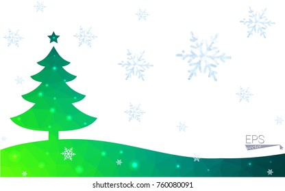 Blue, green postcard low polygon style christmas tree vector illustration consisting of triangles. Abstract polygonal origami or crystal design of New Years celebration. Isolated on white background.