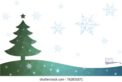 Blue, green postcard low polygon style christmas tree vector illustration consisting of triangles. Abstract polygonal origami or crystal design of New Years celebration. Isolated on white background.