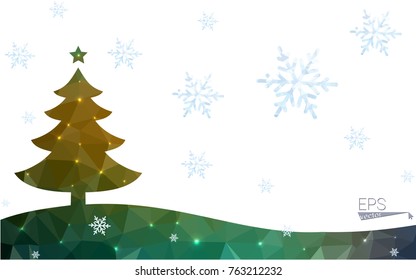 Blue, green postcard low polygon style christmas tree vector illustration consisting of triangles. Abstract polygonal origami or crystal design of New Years celebration. Isolated on white background.