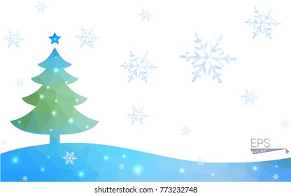 Blue, green postcard low polygon style christmas tree vector illustration consisting of triangles. Abstract polygonal origami or crystal design of New Years celebration. Isolated on white background.