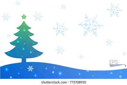Blue, green postcard low polygon style christmas tree vector illustration consisting of triangles. Abstract polygonal origami or crystal design of New Years celebration. Isolated on white background.