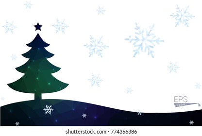 Blue, green postcard low polygon style christmas tree vector illustration consisting of triangles. Abstract polygonal origami or crystal design of New Years celebration. Isolated on white background.