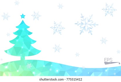 Blue, green postcard low polygon style christmas tree vector illustration consisting of triangles. Abstract polygonal origami or crystal design of New Years celebration. Isolated on white background.
