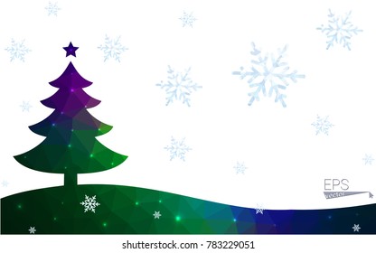 Blue, green postcard low polygon style christmas tree vector illustration consisting of triangles. Abstract polygonal origami or crystal design of New Years celebration. Isolated on white background.