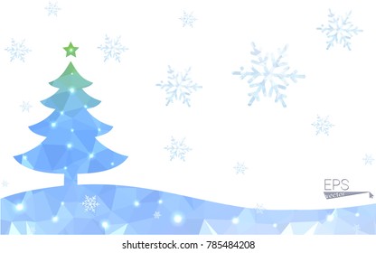Blue, green postcard low polygon style christmas tree vector illustration consisting of triangles. Abstract polygonal origami or crystal design of New Years celebration. Isolated on white background.