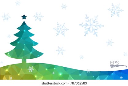 Blue, green postcard low polygon style christmas tree vector illustration consisting of triangles. Abstract polygonal origami or crystal design of New Years celebration. Isolated on white background.