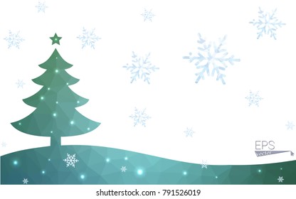 Blue, green postcard low polygon style christmas tree vector illustration consisting of triangles. Abstract polygonal origami or crystal design of New Years celebration. Isolated on white background.