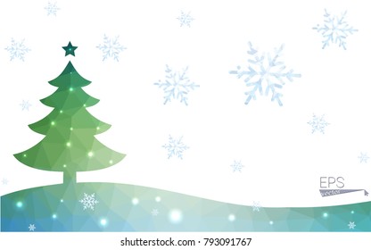 Blue, green postcard low polygon style christmas tree vector illustration consisting of triangles. Abstract polygonal origami or crystal design of New Years celebration. Isolated on white background.
