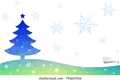 Blue, green postcard low polygon style christmas tree vector illustration consisting of triangles. Abstract polygonal origami or crystal design of New Years celebration. Isolated on white background.