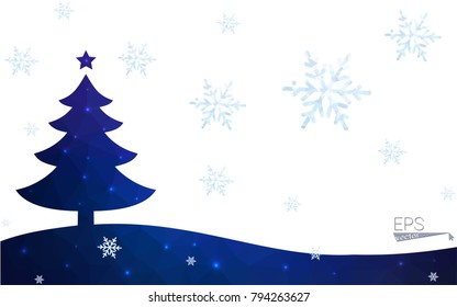 Blue, green postcard low polygon style christmas tree vector illustration consisting of triangles. Abstract polygonal origami or crystal design of New Years celebration. Isolated on white background.