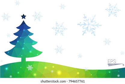 Blue, green postcard low polygon style christmas tree vector illustration consisting of triangles. Abstract polygonal origami or crystal design of New Years celebration. Isolated on white background.
