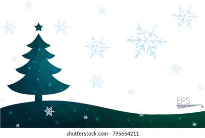 Blue, green postcard low polygon style christmas tree vector illustration consisting of triangles. Abstract polygonal origami or crystal design of New Years celebration. Isolated on white background.