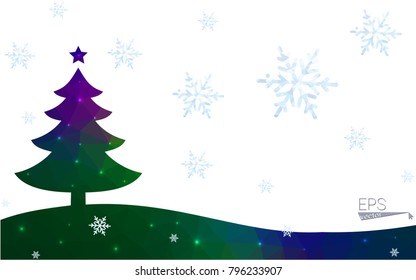 Blue, green postcard low polygon style christmas tree vector illustration consisting of triangles. Abstract polygonal origami or crystal design of New Years celebration. Isolated on white background.