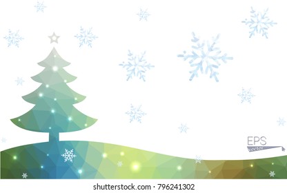 Blue, green postcard low polygon style christmas tree vector illustration consisting of triangles. Abstract polygonal origami or crystal design of New Years celebration. Isolated on white background.