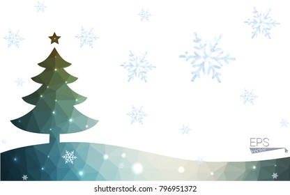 Blue, green postcard low polygon style christmas tree vector illustration consisting of triangles. Abstract polygonal origami or crystal design of New Years celebration. Isolated on white background.