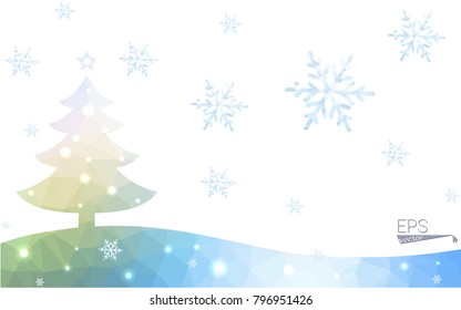 Blue, green postcard low polygon style christmas tree vector illustration consisting of triangles. Abstract polygonal origami or crystal design of New Years celebration. Isolated on white background.