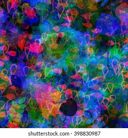 The blue, green and purple. Seamless pattern. Leaves, spots. Randomly mixed. Easy editing. Blur effect and watercolor.