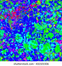 Blue, green, purple. Spots and splashes. Abstract seamless vector background. Ovals, straight thin lines, scratches. Randomly mixed. Transparency, overlay, overlap. Easy editing.