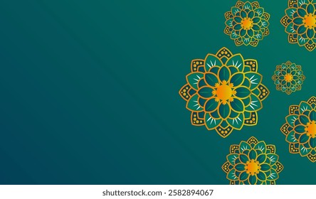 Blue Green Ramadan Background with golden Islamic arabic ornament flower.Suitable for Muslim greeting cards, invitations,banners , Islamic abstract background ramadan kareem, Eid Al-Fitr and other