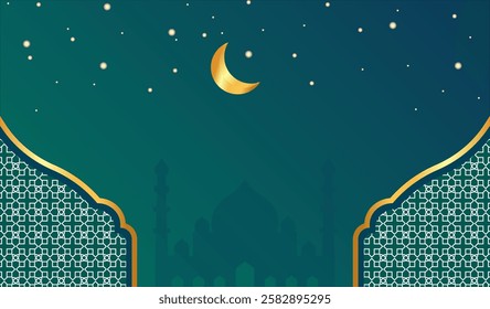 Blue Green Ramadan Background with golden Islamic ornament,Suitable for Muslim greeting cards, invitations,banners , Islamic abstract background with Copy Space ramadan kareem, Eid Al-Fitr and other