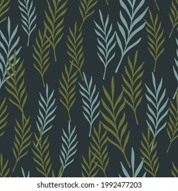 Blue and green random leaf twigs abstract seamless pattern. Dark navy blue background. Stock illustration. Vector design for textile, fabric, giftwrap, wallpapers.