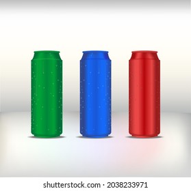 Blue, Green , Red  cans front view.  For beer, lager, alcohol, soft drinks, soda advertising. 500ml can.