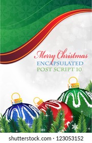 Blue, green and red Christmas baubles on abstract green background