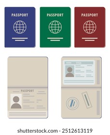 Capa de passaporte azul, verde, vermelho, passaporte aberto e conjunto de ilustração de visto.