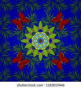 Blue, green and red colors. Vector ethnic mandalas, doodle background circles.