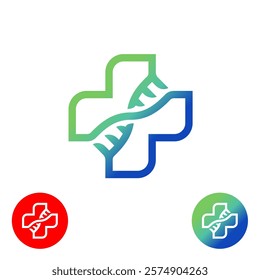 Blue, green, and red cross with a DNA strand in the middle. The DNA strand is blue and green, and it is positioned in the center of the cross. The cross is a symbol of medical care