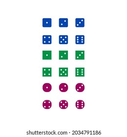 Blue, green and red dice icons in a flat design for games on a white background. A vector image.
