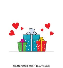 Blue, green, and red gift vector icon with red heart and love on isolated white background. Illustration vector graphic of gift with symbol motif and ribbon