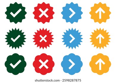 Blue, green, red, and yellow verified badge icon set. Collection of different style star-shaped social media icons