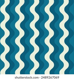 Blue and green retro groovy vertical waves seamless pattern.60s and 70s vibes Vintage Geo Art, ocean waves Pattern Vector illustration. Trendy wave pattern Abstract stripes blue optical art wave line.