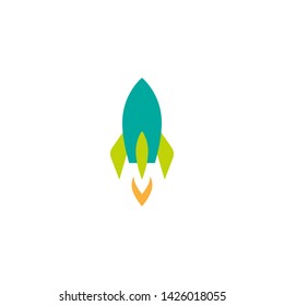 blue and green rocket ship  with fire. Isolated on white. Flat icon. Vector illustration with flying rocket. Space travel. Project start up sign. Creative idea symbol. 