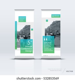 Blue green roll up banner design brochure flyer vertical template, vector x-banner and street business flag-banner, cover presentation abstract geometric background vertical layout