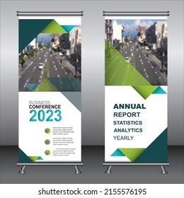 Blue and green roll up banner template design,banner layout, advertisement, pull up, polygon background, vector illustration, business flyer, display, x-banner, Info graphics, presentation