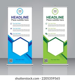 blue, Green roll up business brochure flyer banner design vertical template vector, cover presentation abstract geometric background, modern publication x-banner and flag-banner, layout in rectangle s