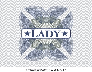 Blue and green rosette. Linear Illustration with text Lady inside