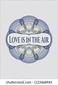 Blue and green rosette. Linear Illustration with text Love is in the Air inside