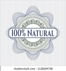 Blue and green rosette. Linear Illustration with text 100% Natural inside
