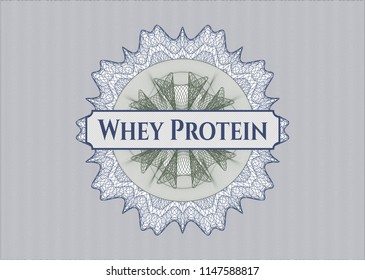Blue and green rosette. Linear Illustration with text Whey Protein inside