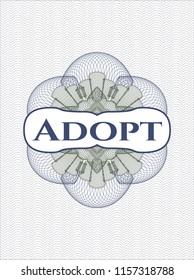 Blue and green rosette. Linear Illustration with text Adopt inside
